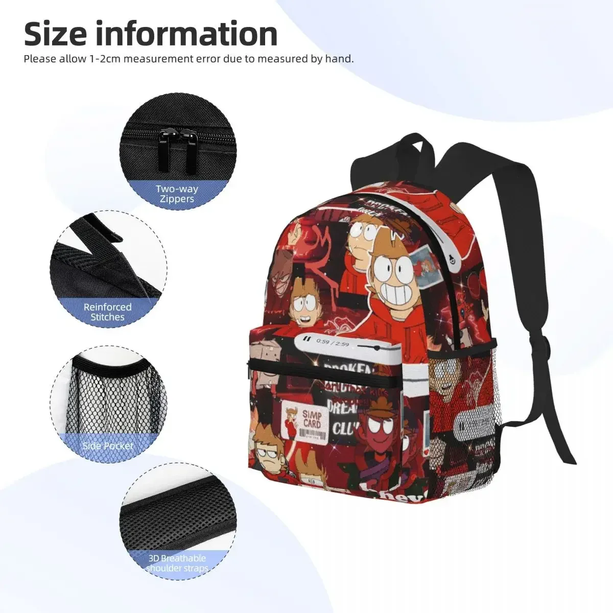 sac dos polyester rouge motif personnages animaux poignées noires poches latérales filet noir forme rectangulaire capacité 20 35 litres usage étudiant scolaire randonnée voyage