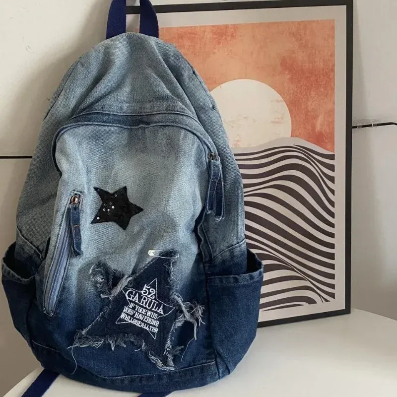 y2k coréen décontracté denim sac à dos mode étoile modèle grande capacité étudiant cartable adolescents vintage punk voyage livre sac