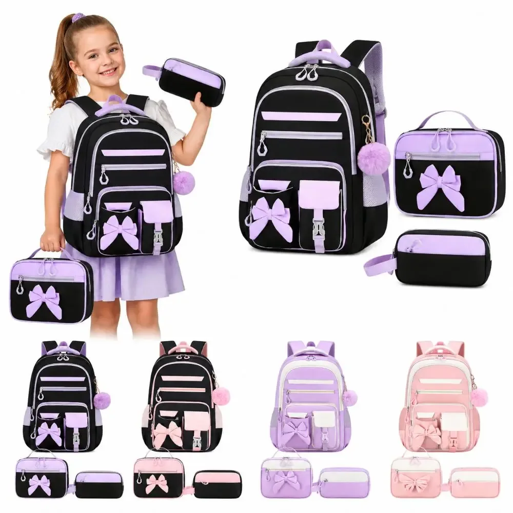 ensemble de 3 sacs à dos de dessin animé, sac à lunch, trousse à crayons, grande capacité, tissu oxford, nœud papillon, ensemble de sacs d'école, imperméable, léger
