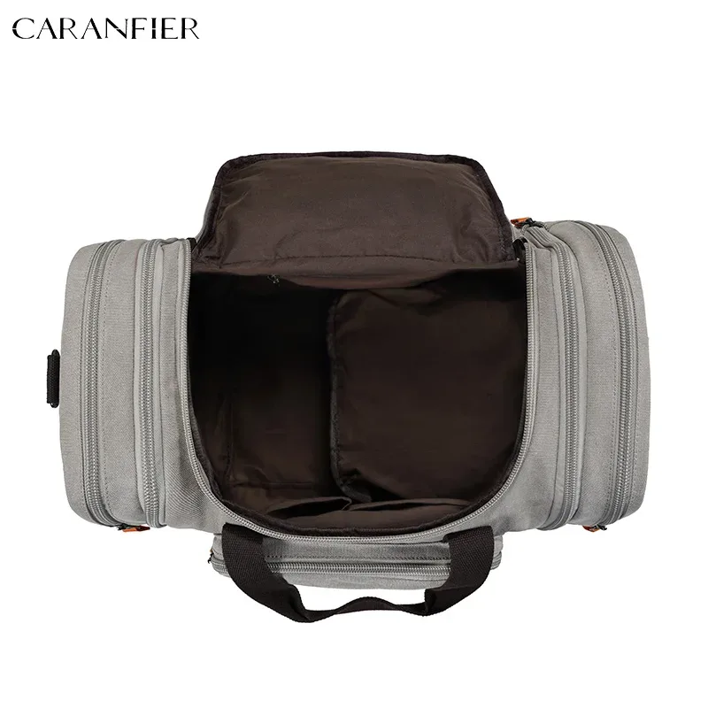 sac voyage toile gris poignée noire fermetures glissière orange intérieur marron compartiments extensibles polyvalents week end sport
