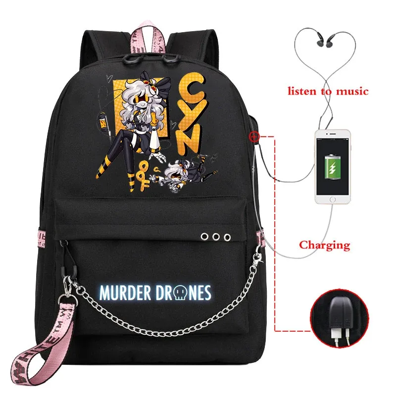 sac dos toile dessin animé personnages colorés logo murder drones chaîne métallique câble usb voyage capacité 20 35 litres
