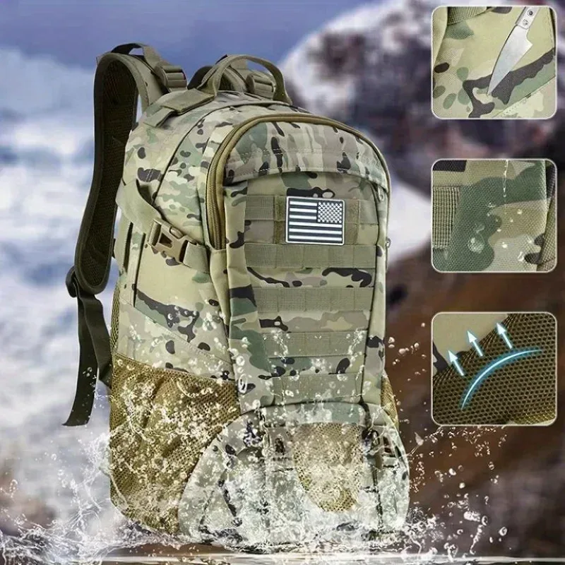 sac dos nylon béige tache camouflage pochette avant zippée banderole américaine voyage plein air randonnée camping chasse escalade