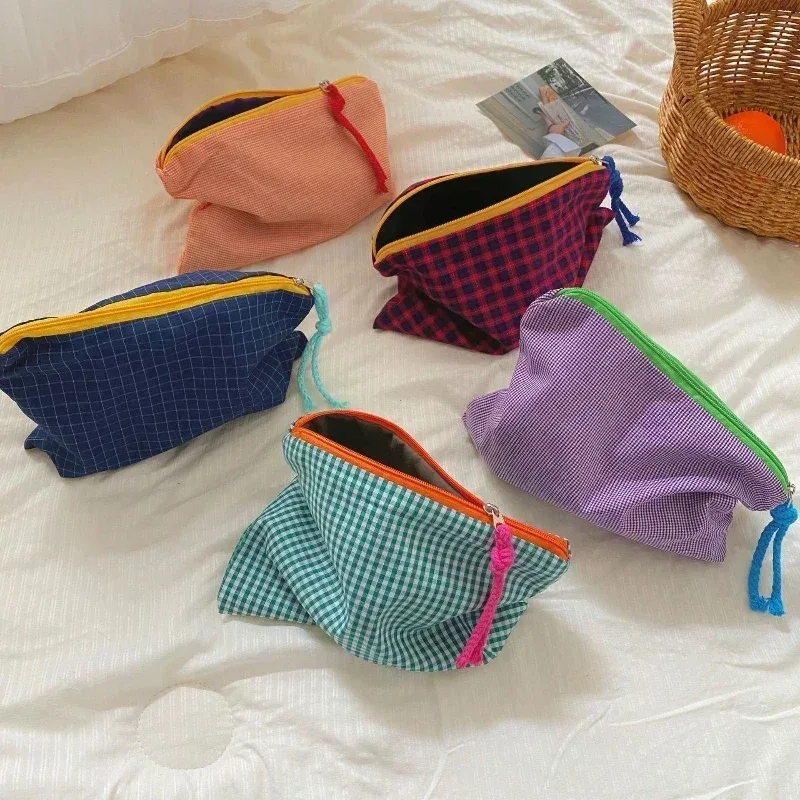 nouvelle trousse de maquillage à carreaux pour femme, grande capacité, en coton, avec fermeture éclair, pochette de voyage, sac cosmétique, nécessaire féminin