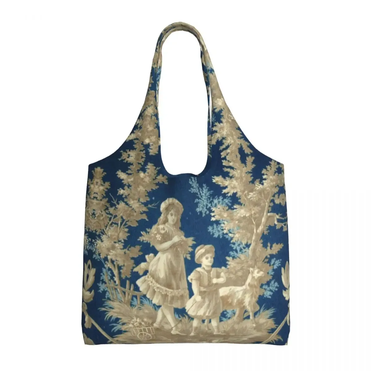 toile de jouy française classique vintage personnalisée, fourre-tout à motif bleu marine, fourre-tout de shopping en toile réutilisable, sac à bandoulière