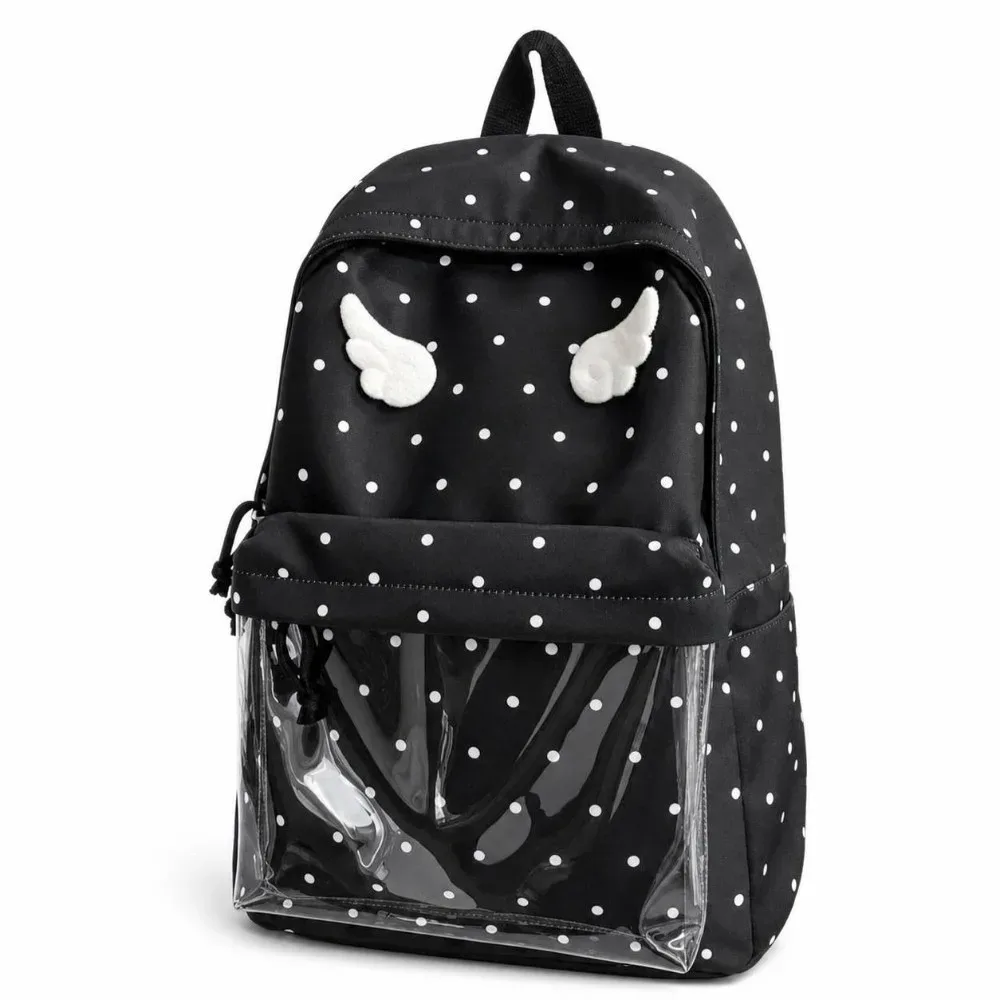 sac à dos à pois de 2 tailles, grande capacité, poche transparente, sac à dos scolaire, motif à pois, sac à dos ailes d'ange pour filles