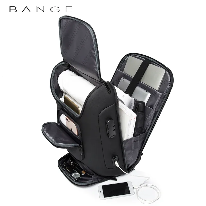 BANGE-Sac à dos pour ordinateur portable pour homme, sac à dos d'affaires, grande capacité, voyage, étanche, antivol, SR Sports Mochila, 17.3 pouces