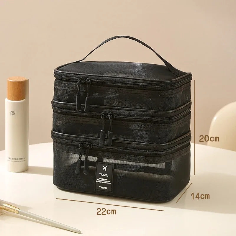 nouvelle trousse de toilette en maille, trousse de maquillage de voyage grande capacité à 3 couches, sac de rangement portable pour voyages d'affaires zy524
