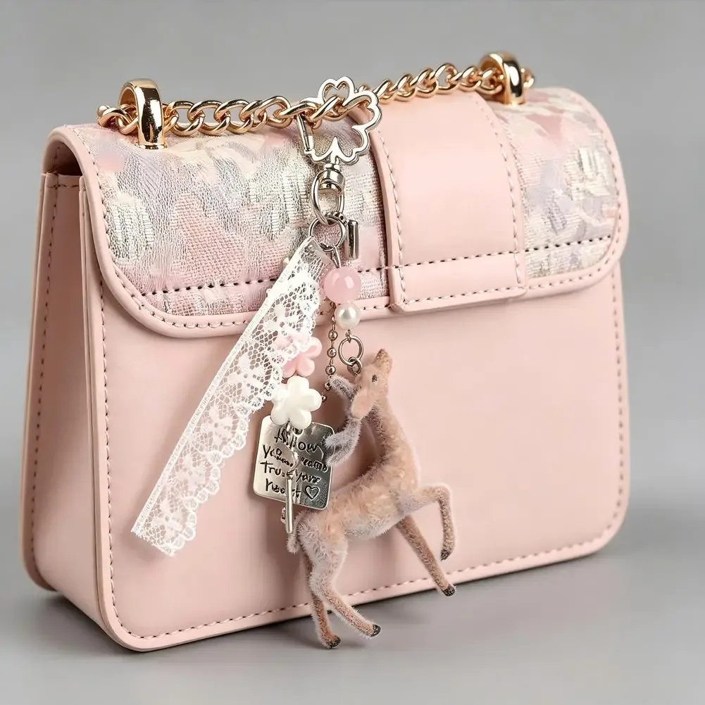 porte-clés cerf coquette adorable avec nœud en ruban de dentelle, breloque de sac, pendentif faon kawaii, accessoires pour sac à dos, cadeau pour femme