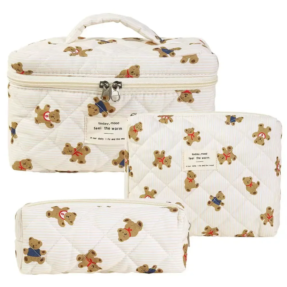 trousse de maquillage matelassurera en coton pour femme, trousse de toilette portable pour fille, sac à main à fermeture éclair pour femme, trousse cosmétique, évaluation, gril, 3 pièces