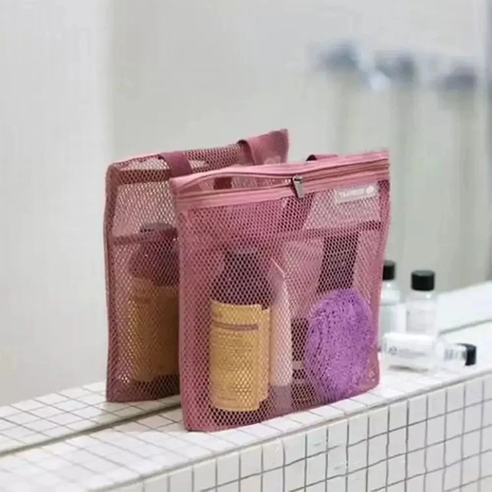 sac de douche de rangement de voyage, sac de toilette de plage, sac à cosmétiques, sac à main en maille, sac de rangement d'articles de toilette pour l'extérieur