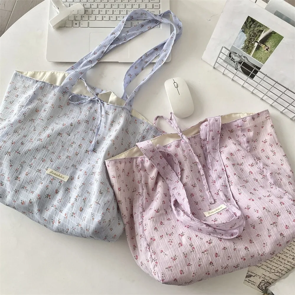 sac de shopping polyvalent pour femmes, sac à bandoulière simple en mousseline de soie imprimé floral frais et doux, fourre-tout de grande capacité pour classe d'étudiant