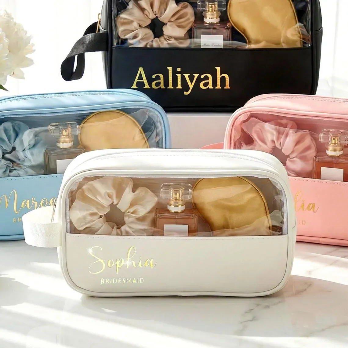 pochette cosmétique personnalisée avec nom, pochette à maquillage en feuille d'or sur mesure, organiseur de toilette de voyage, cadeau pour demoiselle d'honneur