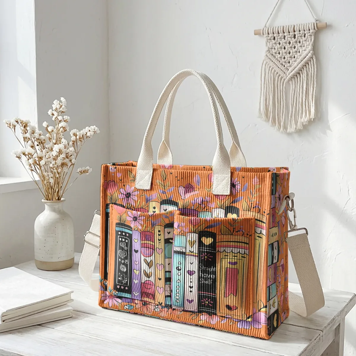 sac fourre-tout en velours côtelé imprimé livres et fleurs colorés, grande capacité, multi-poches, sac à bandoulière pour les trajets quotidiens