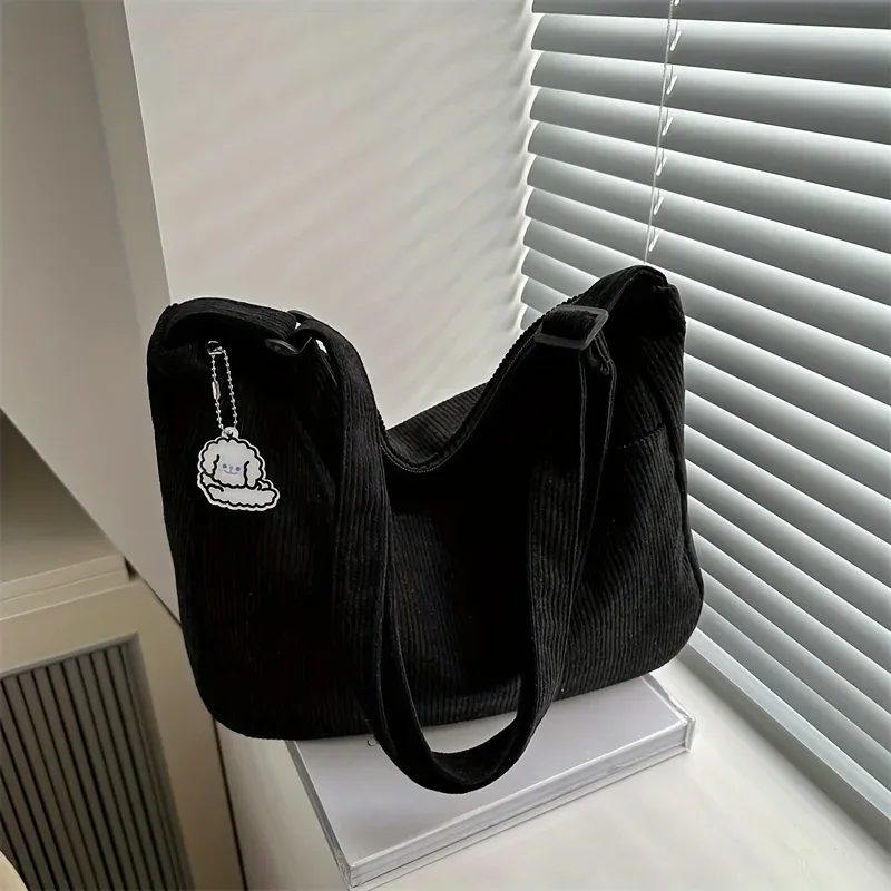 sac à bandoulière en velours côtelé pour femmes, fourre-tout décontracté rayé de grande capacité avec fermeture à glissière, joli patch de chapeau, parfait pour un usage quotidien