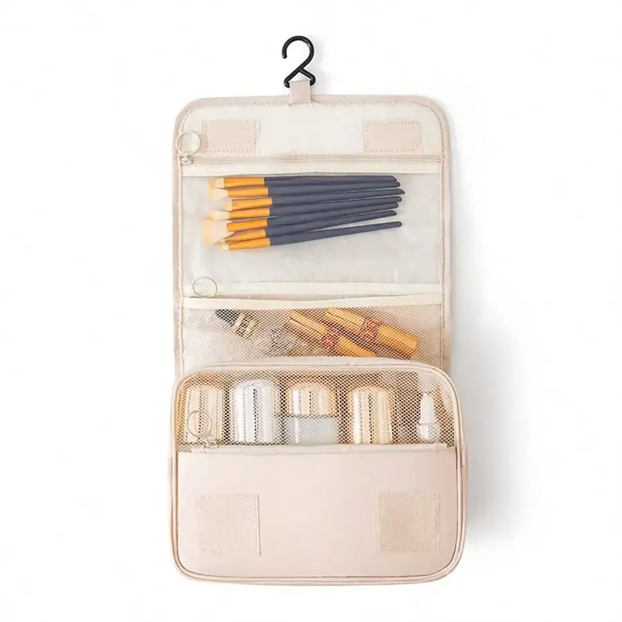 trousse de toilette de voyage de style coréen, trousse de maquillage, trousse à crochet, trousse de rangement multifonctionnelle de grande capacité avec compartiment séparé pour les articles secs et humides.