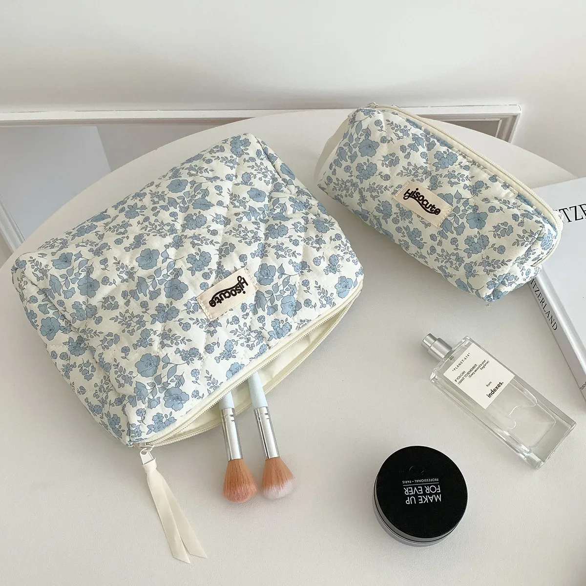 sac de rangement pour cosmétiques avec fermeture éclair, en coton matelassé, petit sac à maquillage à motifs floraux, sac de rangement portable pour femmes