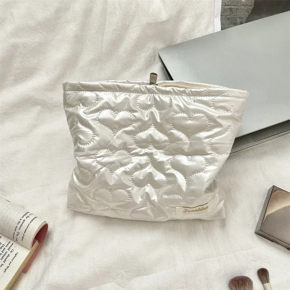 sac à cosmétiques matelassé coréen en pu avec nœud d'amour, pochette pour produits de soins de la peau, poche intérieure, sac de rangement multifonction pour maquillage et rouge à lèvres