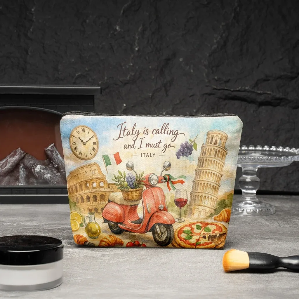 pochette cosmétique 1 pièce, sac à maquillage en lin à thème voyage italien, pochette cosmétique légère avec fermeture éclair pour femme