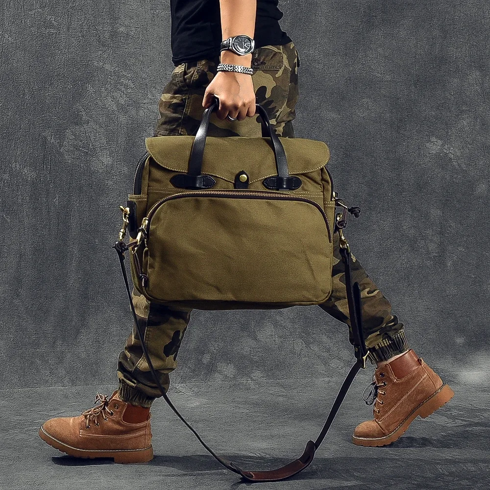 mallette d'affaires vintage en cuir véritable pour hommes, sac à main de voyage en plein air, sac de messager pour ordinateur, sac de travail, toile de haute qualité, 15 po