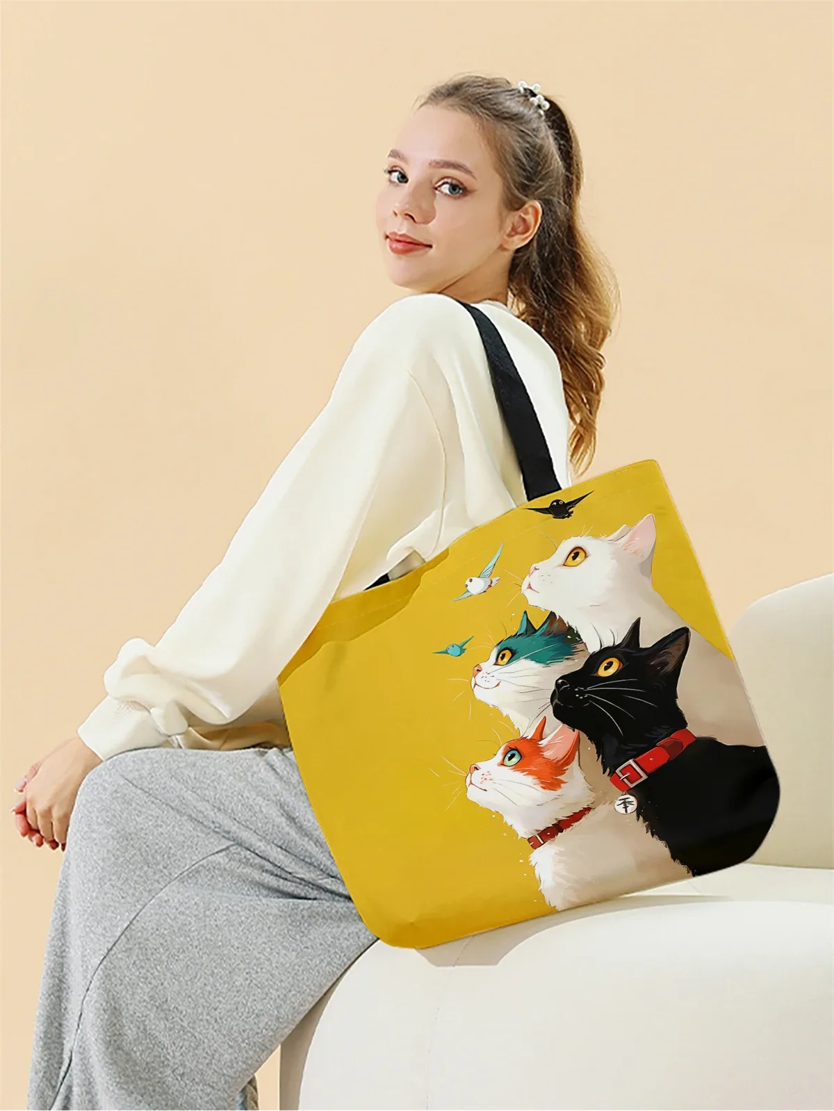 1 pièce, sac à main motif chat empilé, sac à main réutilisable et tendance, sac à main multifonctionnel, sac de shopping en toile imprimée