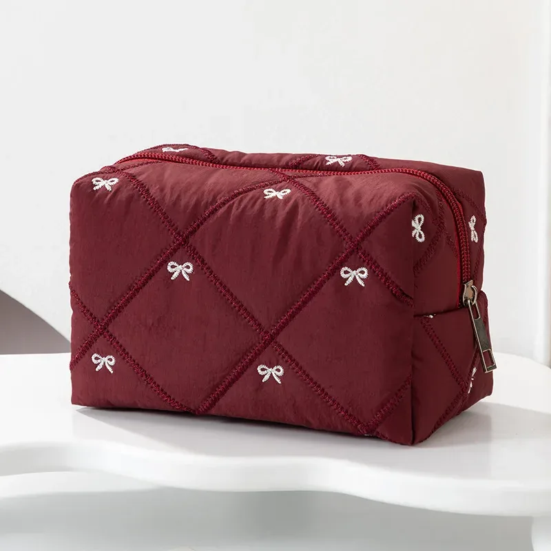 sac de toilette brodé à nœud, grande capacité, sac de voyage, sac à maquillage à carreaux, pochette de rangement