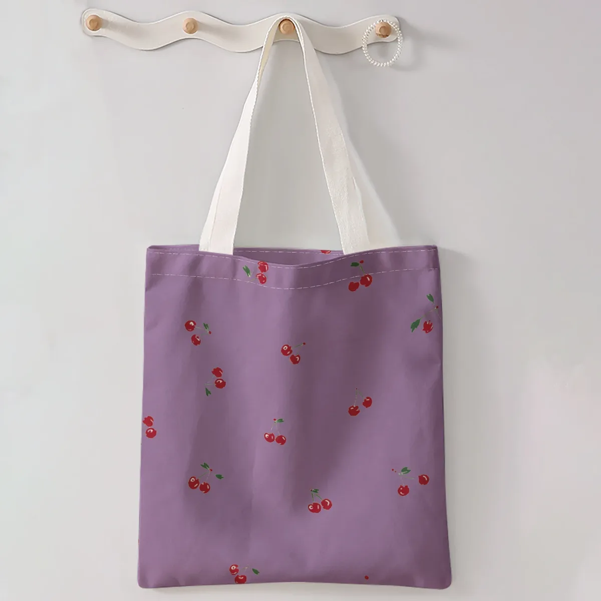 sac à main décontracté imprimé motif cerises, sac à dos réutilisable et tendance, sac à main multifonctionnel, sac de shopping en toile