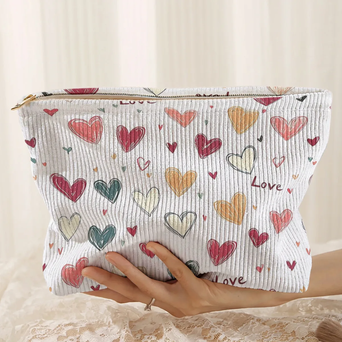 1 pièce, sac de rangement portable pour cosmétiques avec motif de cœur coloré, imprimé double face, sac de maquillage de voyage à fermeture éclair