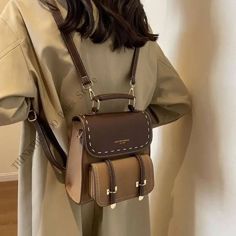 sac dos cuir pu marron beige vintage bandoulière arquée poignée souple fermure éclair compartiments organisés usage voyage fête travail