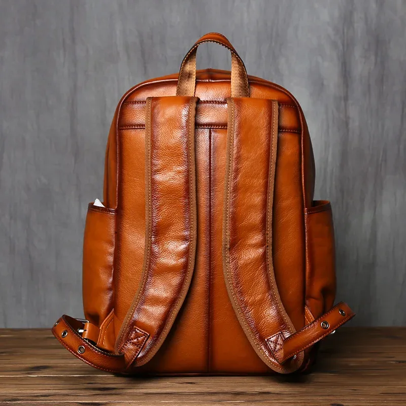 nzpj – sac à dos rétro en cuir véritable pour hommes, sacoche décontractée pour ordinateur avec couche supérieure en peau de vache, sac de voyage à la mode européenne et américaine