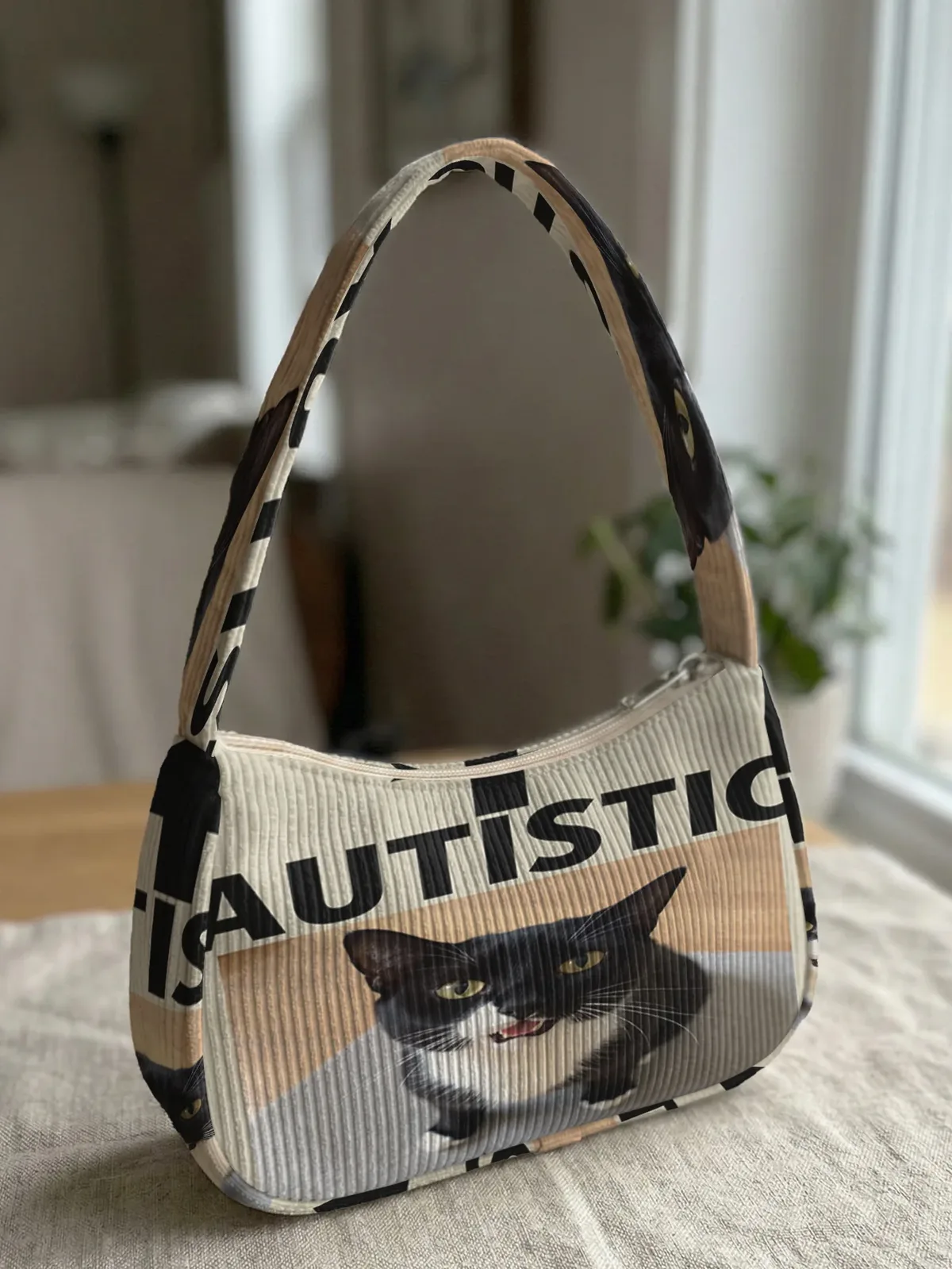 sac à bandoulière tendance imprimé chat en smoking, sac sous le bras en velours côtelé pour un usage quotidien décontracté