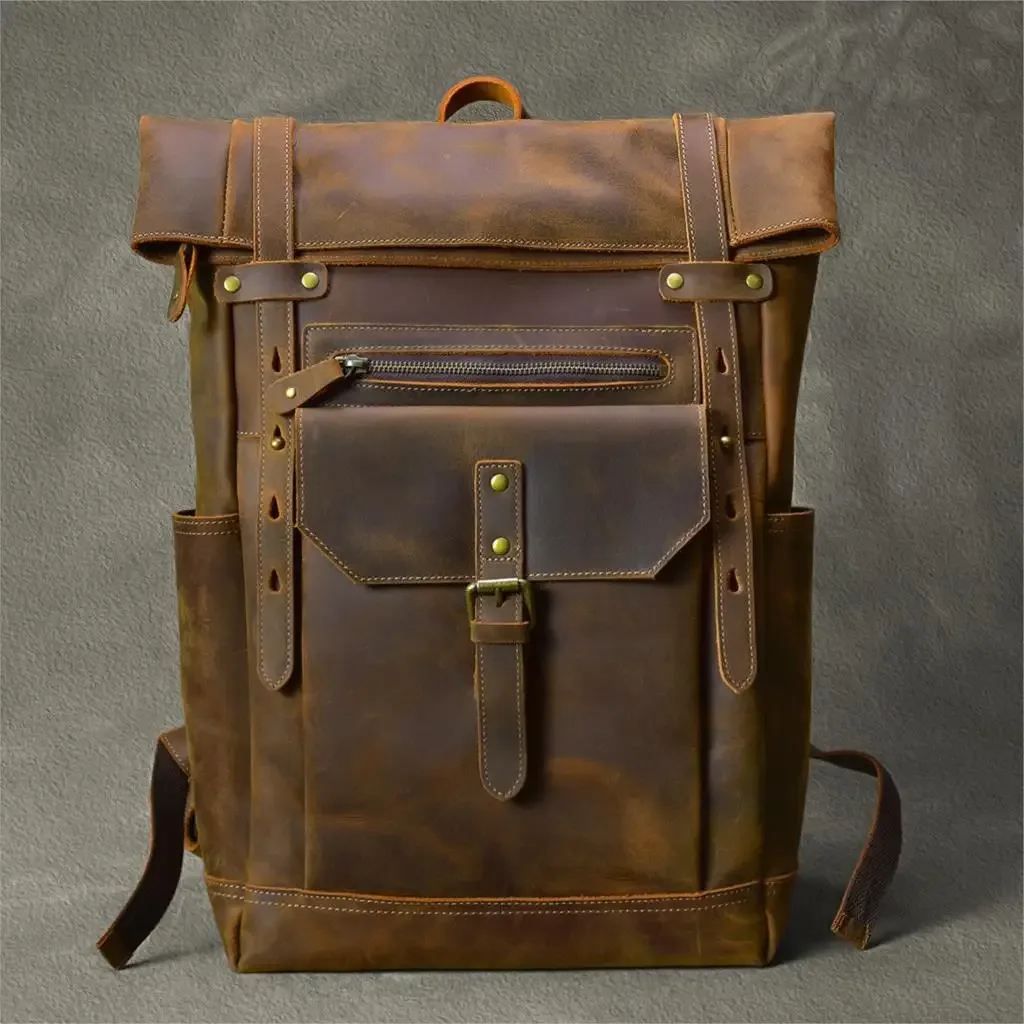 sac dos cuir vache marron bandoulière arquée pochette ordinateur capacité grande voyage retour style vieux