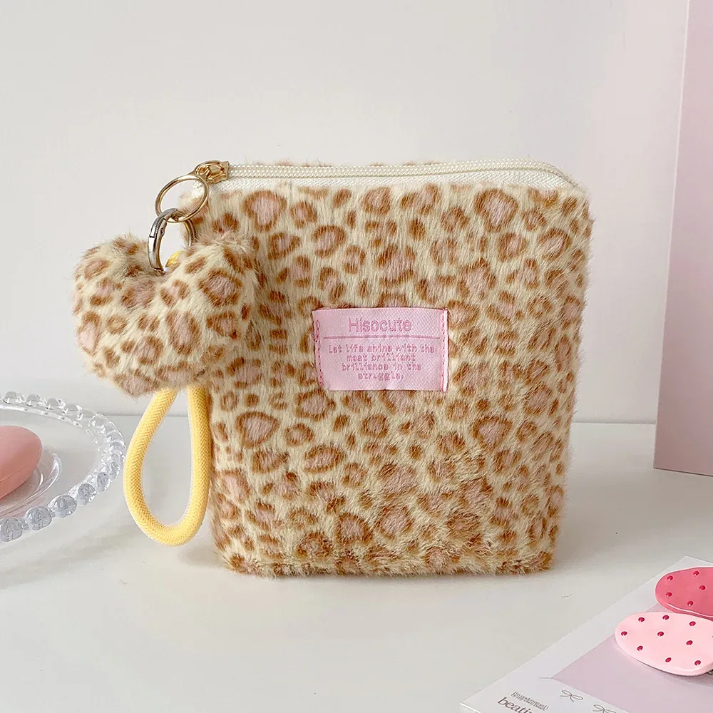 nouvelle trousse de maquillage vintage en peluche imprimé léopard pour filles, organisateur portable de soins de la peau, petite trousse de toilette pour étudiantes, pochette femme
