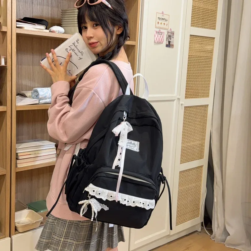 sac à dos élégant pour étudiantes, grande capacité, décontracté, avec nœud, en nylon souple, style preppy, pour filles, idéal pour le shopping et les sorties