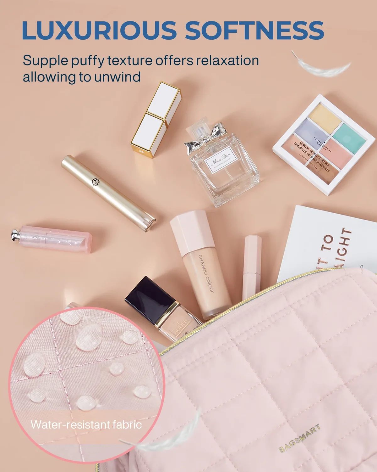 trousse toilette cosmétique taslan rose motif coutures quadrillées rectangulaire glissière dorée voyage femmes maquillage