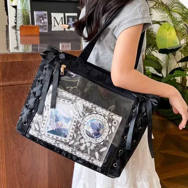 nouveau sac à bandoulière y2k avec nœud en ruban, style japonais ita, pochette transparente mignonne pour fille, grande capacité, sac fourre-tout à bandoulière, sacs à main diy pour affichage