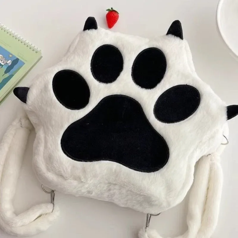 sac à dos en peluche doux et moelleux en forme de patte de chiot ou de chat, style kawaii, avec bretelles réglables, motif animaux de dessin animé, grande capacité