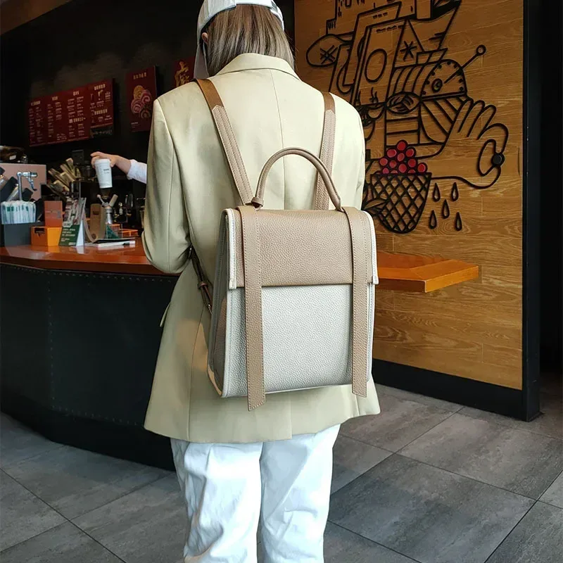 sac à dos en cuir de vache pour femme, grande capacité, style coréen simple, hit-color, full mars, sac double initié pour femme, qualité supérieure, nouveau