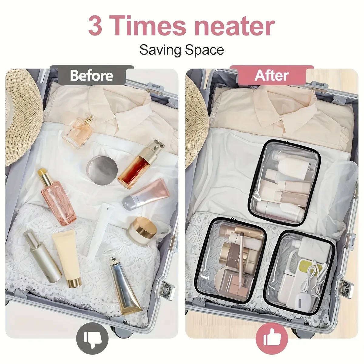 organisateur voyage cosmétique plastique épais transparents bouteilles produits soins accessoires charges câbles piles aa