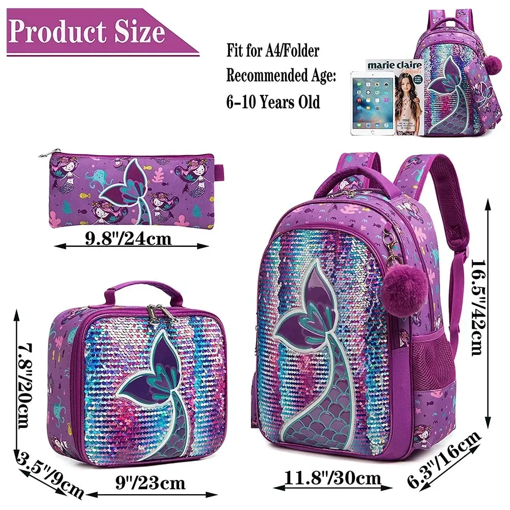 sac à dos d'école bikab pour filles, sac à dos à paillettes de 16 pouces avec boîte à lunch, ensemble de sacs pour fournitures scolaires pour femmes et filles
