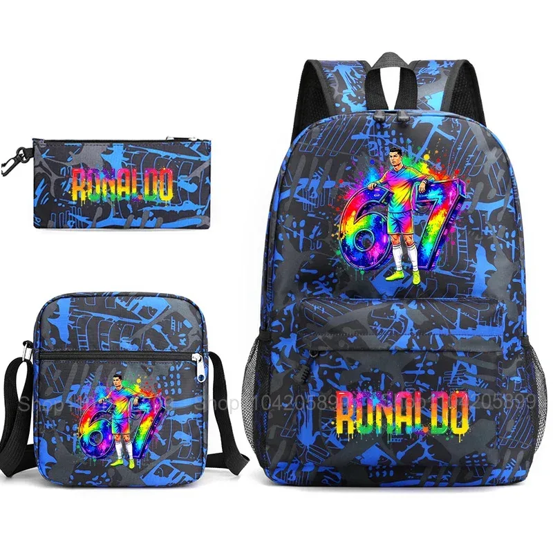 sac à dos cr7 ronaldo football 67 imprimé, sac d'école avec sac à bandoulière et trousse à crayons pour étudiants garçons, cadeau, sac à dos de voyage quotidien