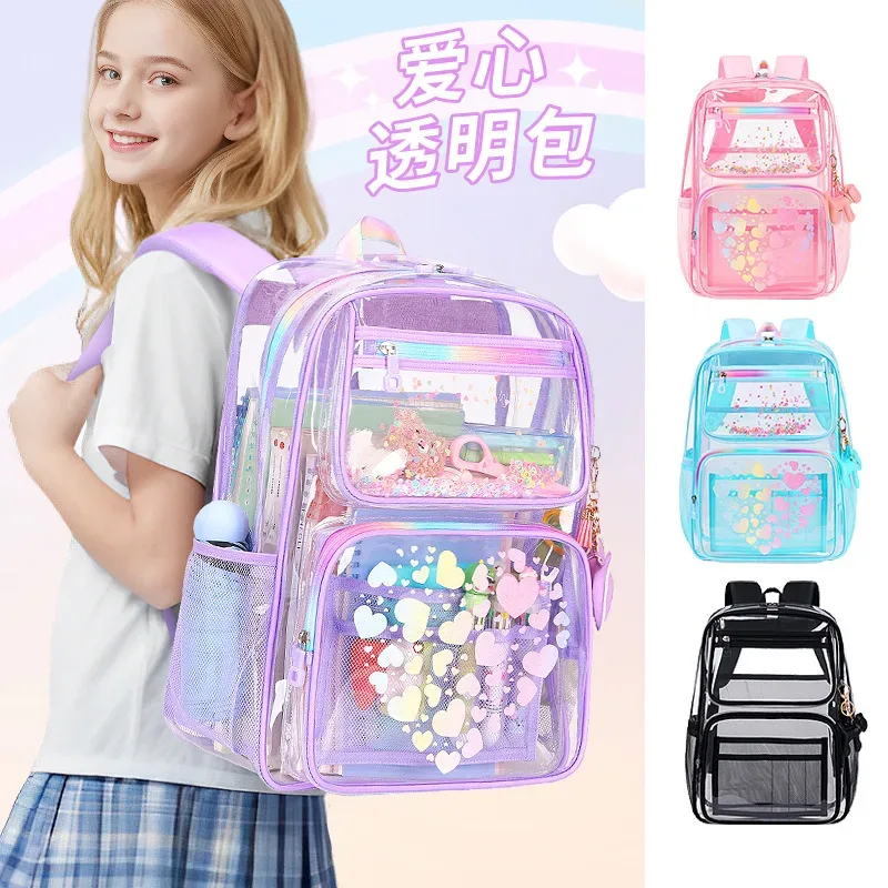 sac à dos transparent en pvc imprimé cœur, pour adolescents, garçons et filles, cartable d'étudiants, grande capacité, étanche, voyage, plage