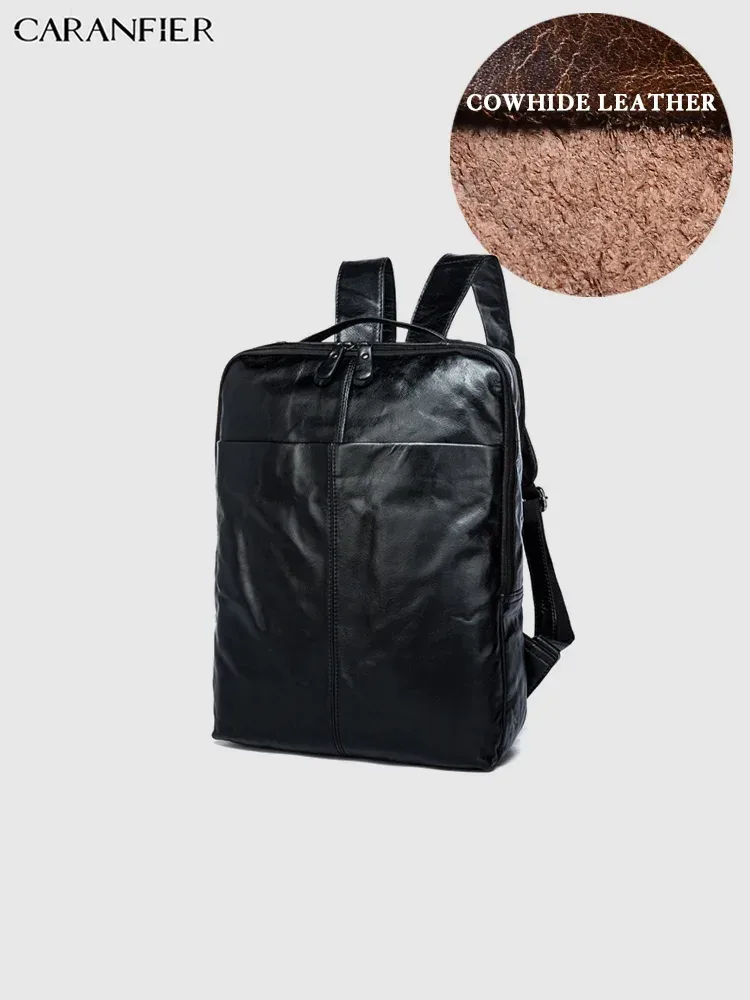 sac dos cuir vache noir polyester intermédiaire informatique bandoulière arquée fermeture éclair rectangulaire coins arrondis grande capacité usage voyage