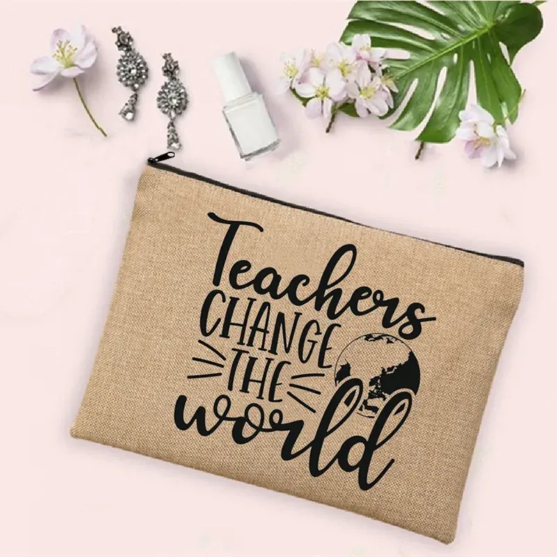 teacher change the world linen powder trousse de toilette de voyage pour femme, trousse de maquillage, cadeau de retour à l'école, sac à cosmétiques