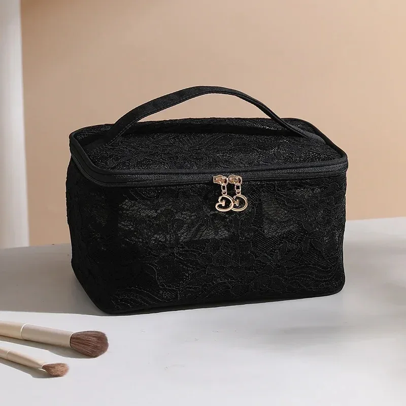 sac de maquillage portable de luxe, sac de rangement de cosmétiques design en dentelle, pochette de toilette de voyage, sac à main en fiber de polyester avec fermeture à glissière