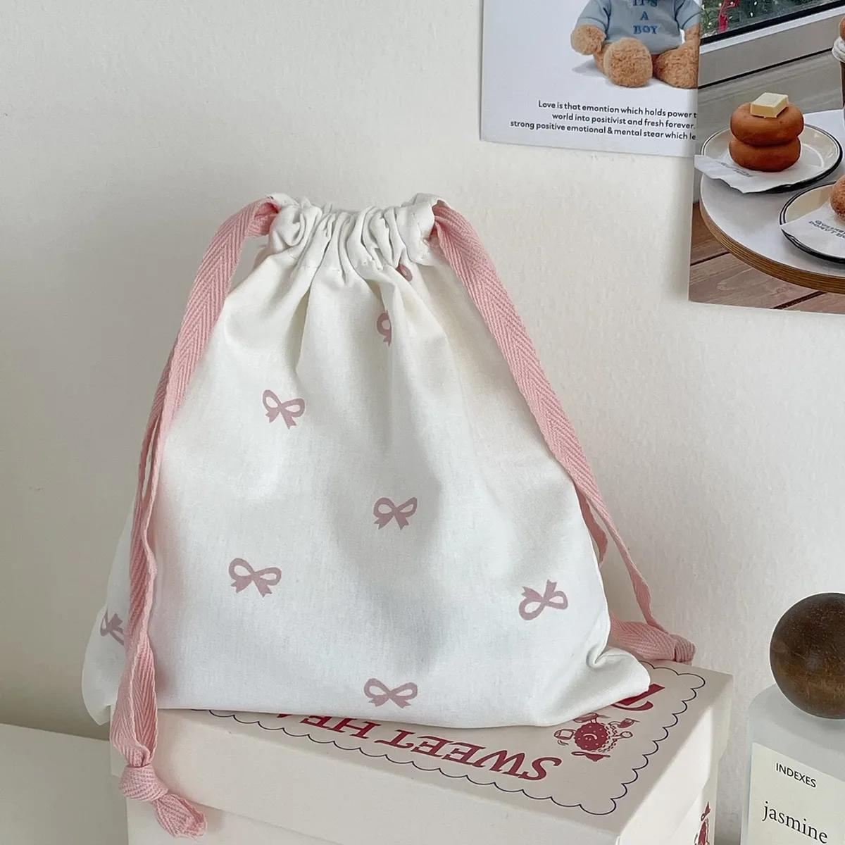 sac de rangement en toile avec nœud imprimé pour femme, sacs à main mignons pour filles d'université, sacs à cordon de proximité, étui de maquillage de voyage portable simple pour femme