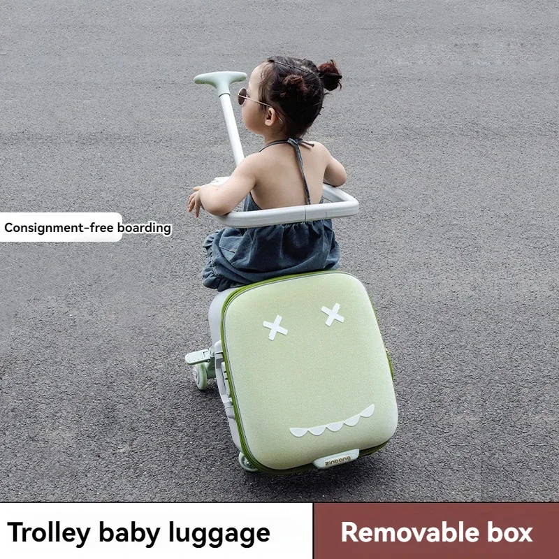 Valise Chariot Enfant Boisserie Amovible Tissu Doux Vert Clair Visage Souriant Voyage Jeu Éducation Transport
