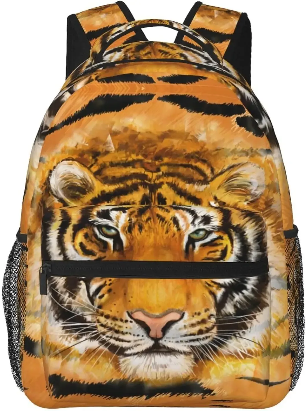 sac dos polyester imprimé tigre rayures noires orange fond beige poches latérales zip grande ouverture bandouliere chaîne usage voyage école randonnée camping
