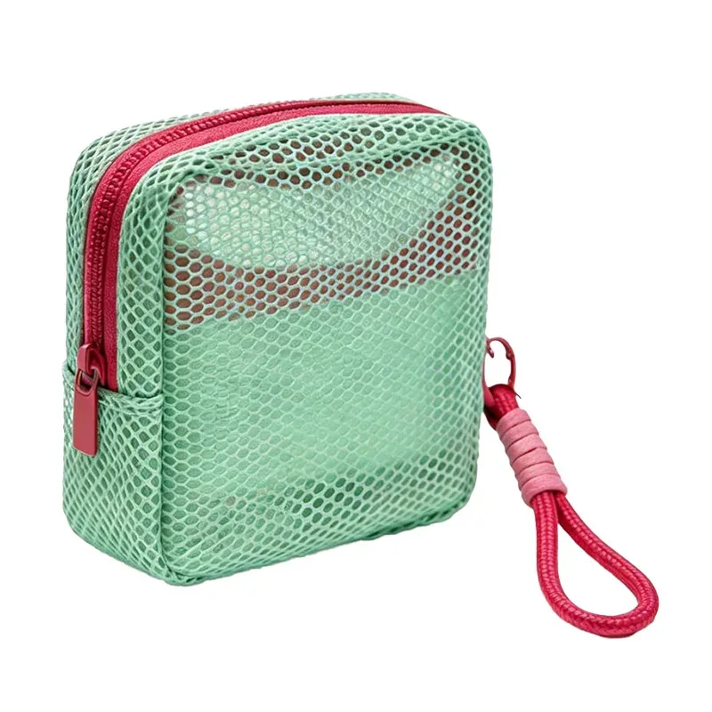 mini sac de maquillage en maille avec design dopamine perspective, sac de rangement pour crème solaire, clés, câbles, avec sangle de poignet amovible