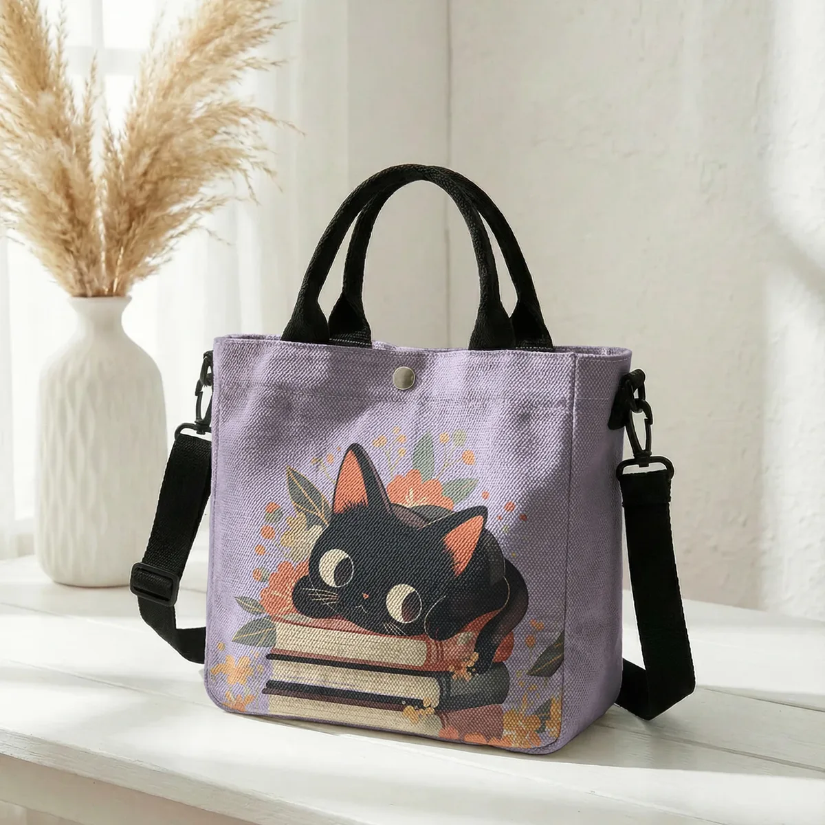 sac fourre-tout à imprimé floral avec chat noir mignon empilé sur des livres, sac à bandoulière détachable pour femme, idéal pour le shopping quotidien