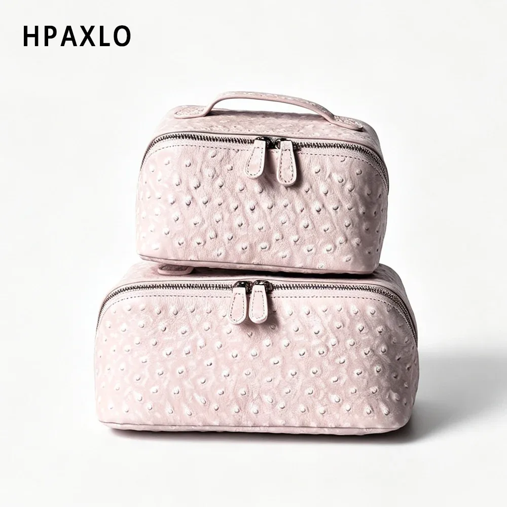 nouvelle trousse de maquillage en cuir d'autruche, organisateur de cosmétiques portable de voyage, rose neige, pour femmes, sac à main, trousse de toilette, pochette à cosmétiques